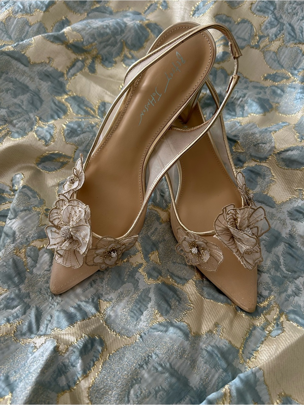 Betsey Johnson Champagne Floral Pointed-Toe Slingback Heels